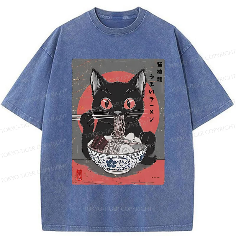 Tokyo-Tiger Black Cat Eating Delicious Ramen Washed T-Shirt