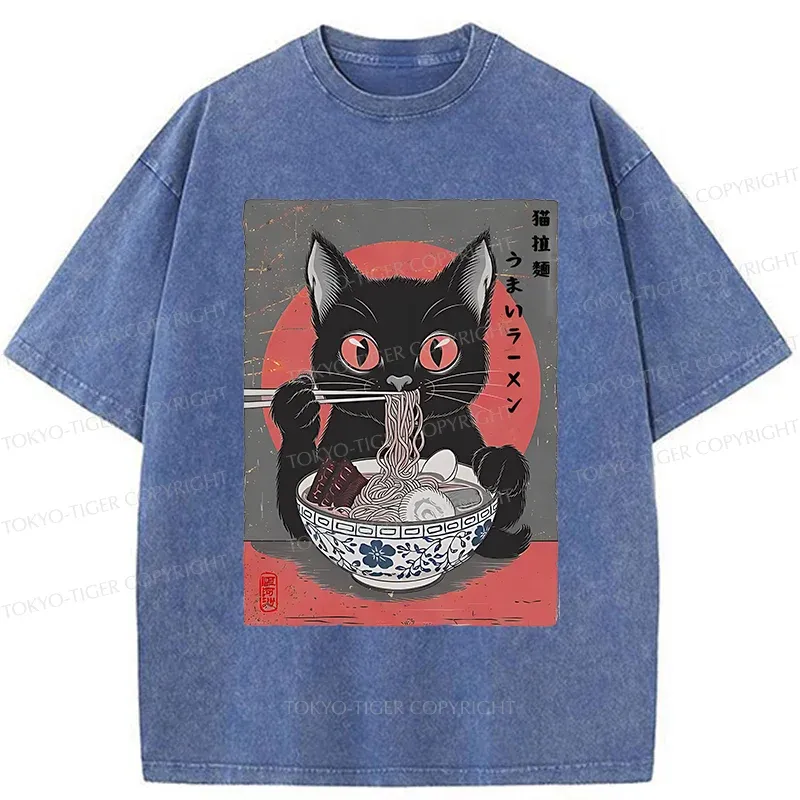Tokyo-Tiger Black Cat Eating Delicious Ramen Washed T-Shirt