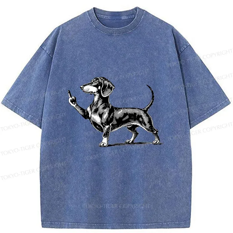 Tokyo-Tiger Dachshund Showing Middle Finger Washed T-Shirt