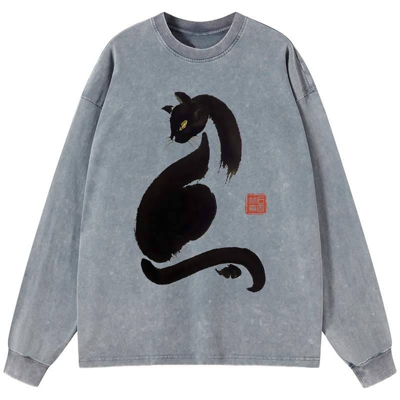 Tokyo-Tiger Elegant Black Cat Japan Washed Long Sleeve T-Shirt