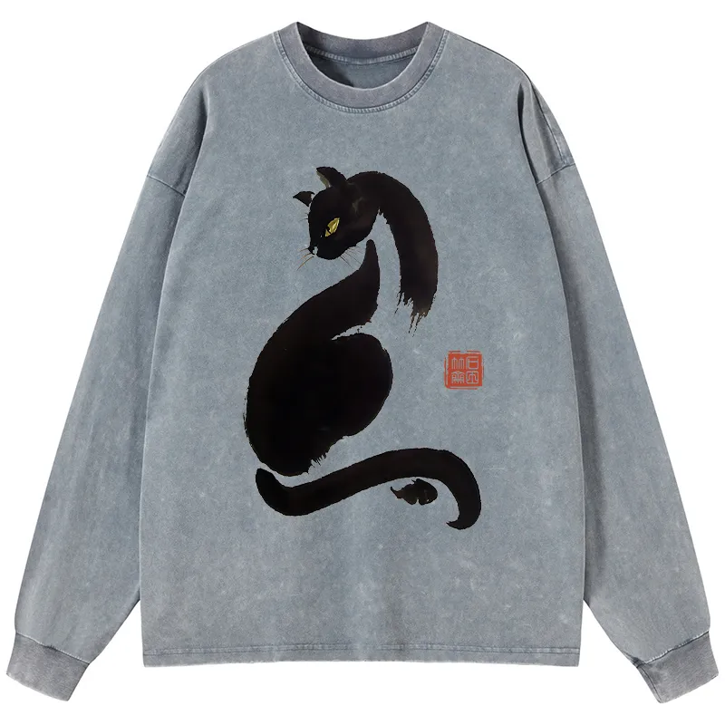 Tokyo-Tiger Elegant Black Cat Japan Washed Long Sleeve T-Shirt