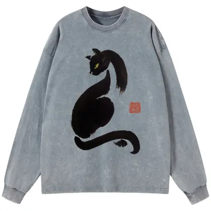 Tokyo-Tiger Elegant Black Cat Japan Washed Long Sleeve T-Shirt