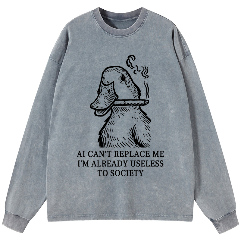 Tokyo-Tiger Smoking Duck Funny Washed Long Sleeve T-Shirt