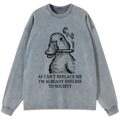 Tokyo-Tiger Smoking Duck Funny Washed Long Sleeve T-Shirt