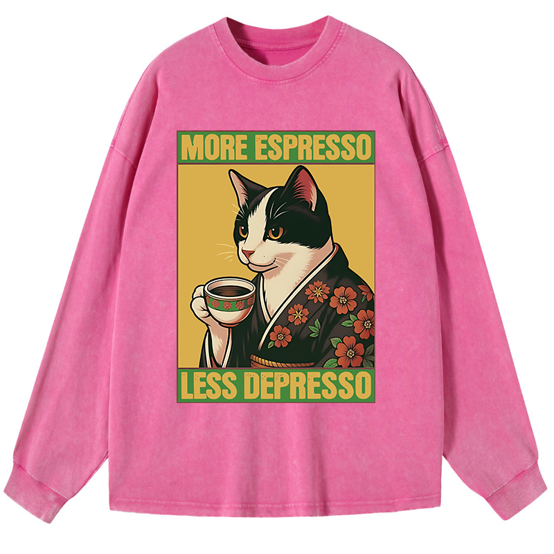 Tokyo-Tiger Tuxedo Cat Drinking Coffee Washed Long Sleeve T-Shirt