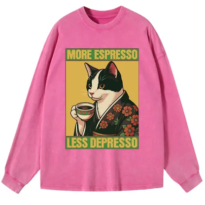 Tokyo-Tiger Tuxedo Cat Drinking Coffee Washed Long Sleeve T-Shirt
