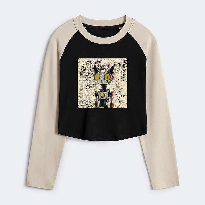 Tokyo-Tiger Robot Cat Women's Crop Raglan T-Shirt