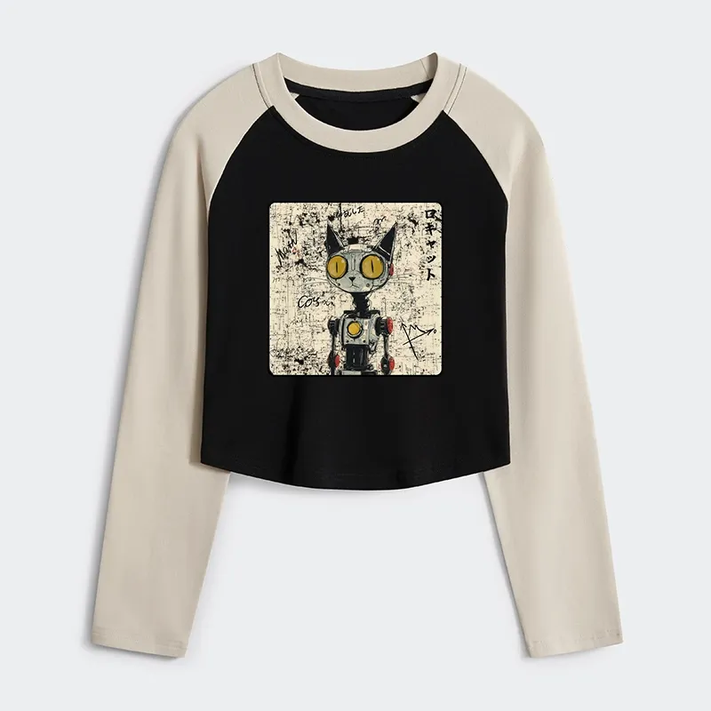 Tokyo-Tiger Robot Cat Women's Crop Raglan T-Shirt