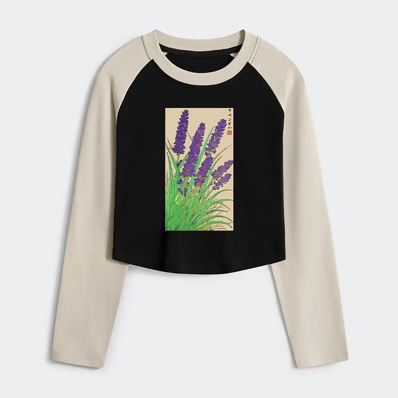 Tokyo-Tiger Japanese Lavender Women's Crop Raglan T-Shirt