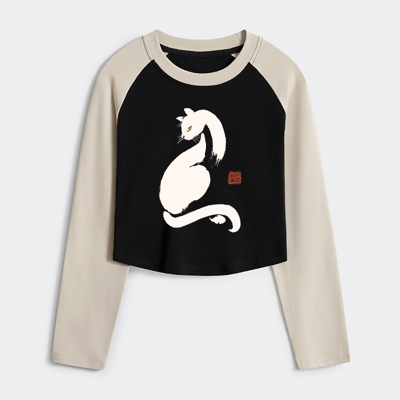 Tokyo-Tiger Elegant Black Cat Japan Women's Crop Raglan T-Shirt