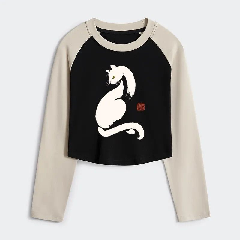 Tokyo-Tiger Elegant Black Cat Japan Women's Crop Raglan T-Shirt
