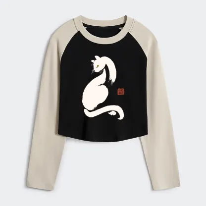 Tokyo-Tiger Elegant Black Cat Japan Women's Crop Raglan T-Shirt