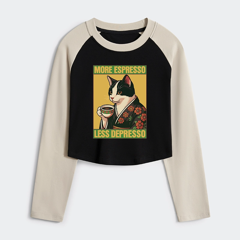 Tokyo-Tiger Tuxedo Cat Drinking Coffee Women's Crop Raglan T-Shirt
