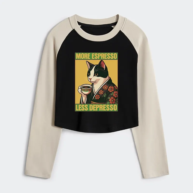 Tokyo-Tiger Tuxedo Cat Drinking Coffee Women's Crop Raglan T-Shirt