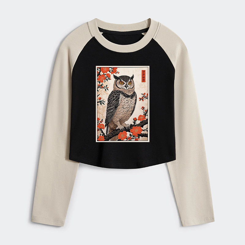 Tokyo-Tiger Vintage Japanese Owl Women's Crop Raglan T-Shirt
