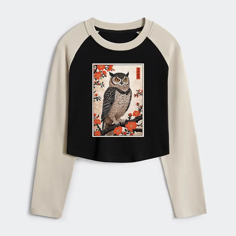 Tokyo-Tiger Vintage Japanese Owl Women's Crop Raglan T-Shirt