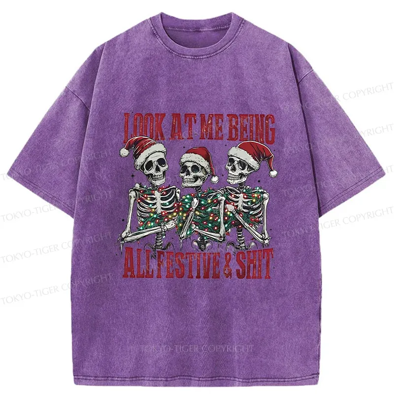 Tokyo-Tiger Funny Christmas Skull Washed T-Shirt