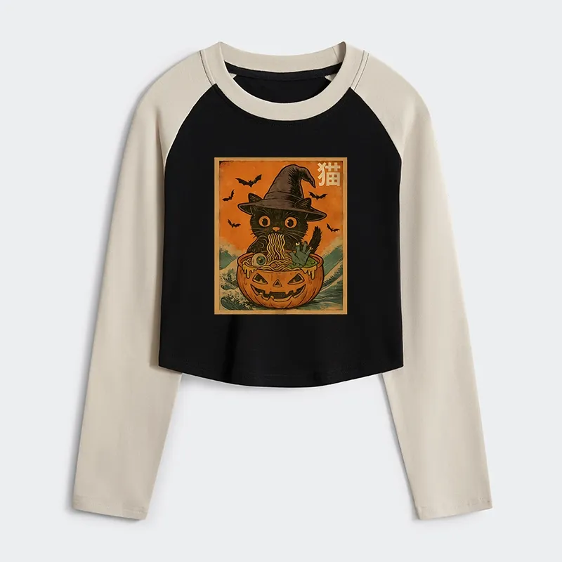 Tokyo-Tiger Halloween Cat Eating Ramen Women's Crop Raglan T-Shirt