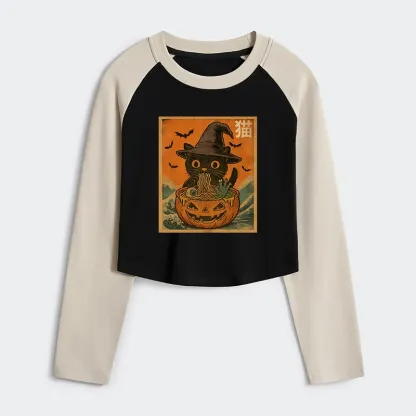 Tokyo-Tiger Halloween Cat Eating Ramen Women's Crop Raglan T-Shirt