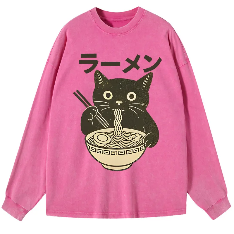 Tokyo-Tiger Simple Black Cat Eating Ramen Washed Long Sleeve T-Shirt