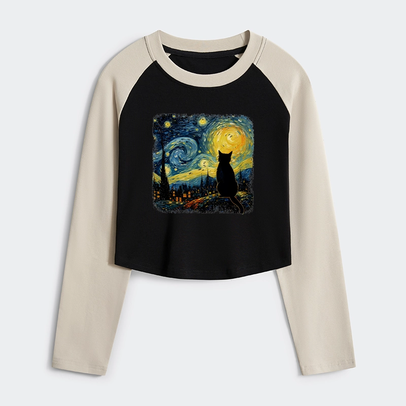 Tokyo-Tiger The Starry Night Cat Women's Crop Raglan T-Shirt
