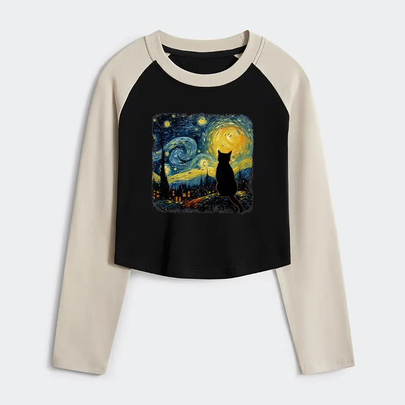 Tokyo-Tiger The Starry Night Cat Women's Crop Raglan T-Shirt