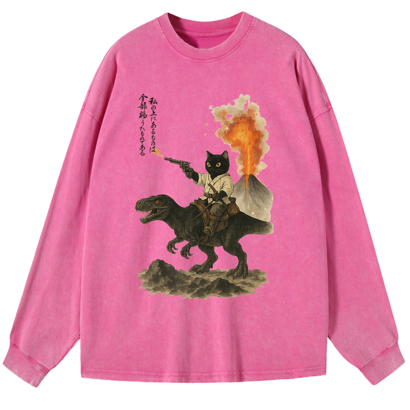 Tokyo-Tiger Cat Riding A Dinosaur Washed Long Sleeve T-Shirt
