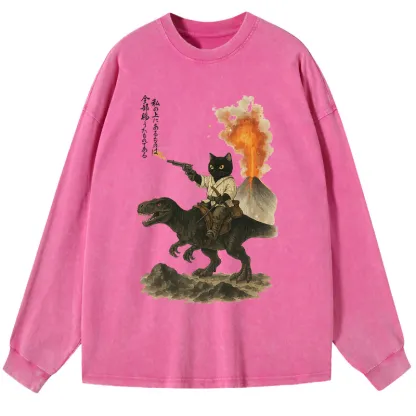Tokyo-Tiger Cat Riding A Dinosaur Washed Long Sleeve T-Shirt