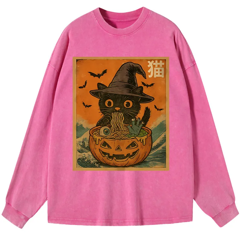 Tokyo-Tiger Halloween Cat Eating Ramen Washed Long Sleeve T-Shirt