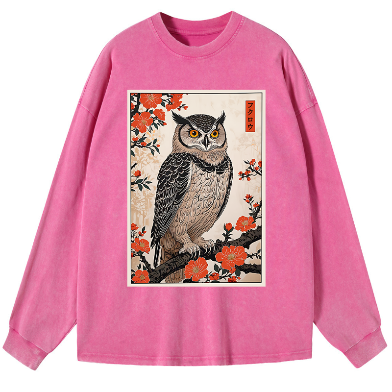 Tokyo-Tiger Vintage Japanese Owl Washed Long Sleeve T-Shirt