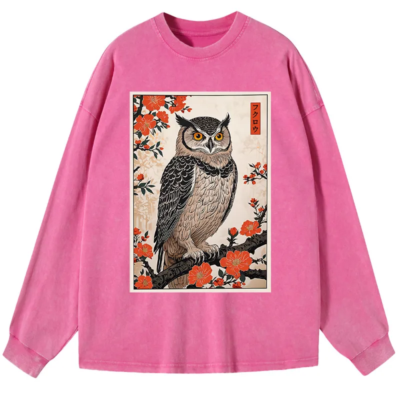 Tokyo-Tiger Vintage Japanese Owl Washed Long Sleeve T-Shirt