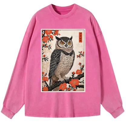 Tokyo-Tiger Vintage Japanese Owl Washed Long Sleeve T-Shirt