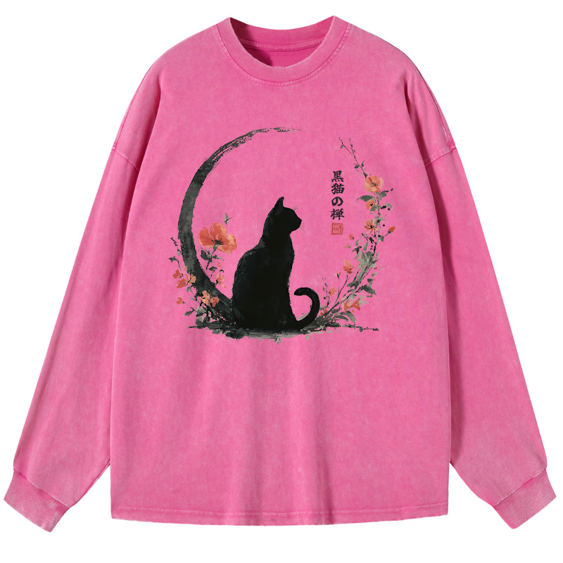Tokyo-Tiger Black Cat And Flowers Washed Long Sleeve T-Shirt