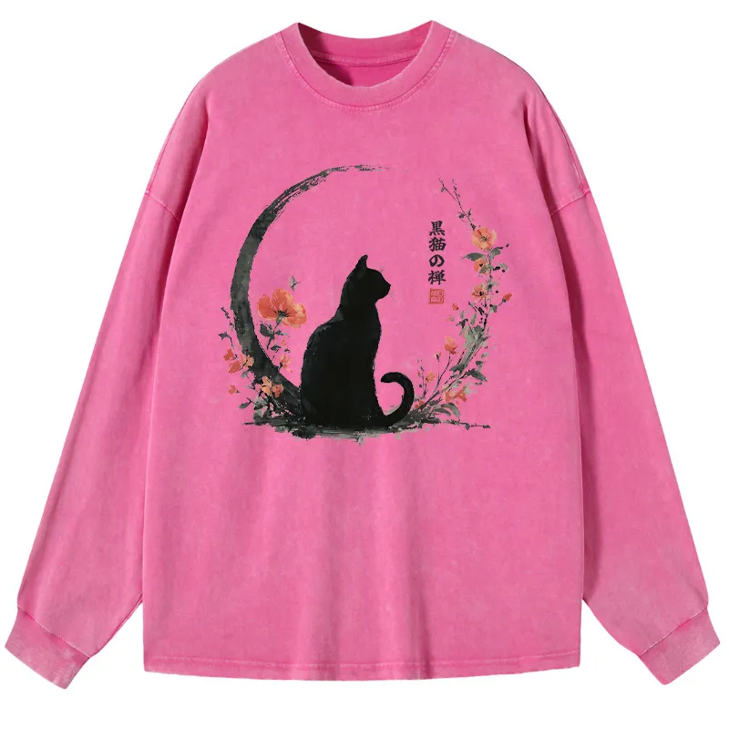 Tokyo-Tiger Black Cat And Flowers Washed Long Sleeve T-Shirt