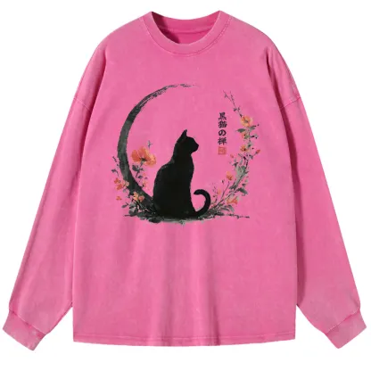 Tokyo-Tiger Black Cat And Flowers Washed Long Sleeve T-Shirt