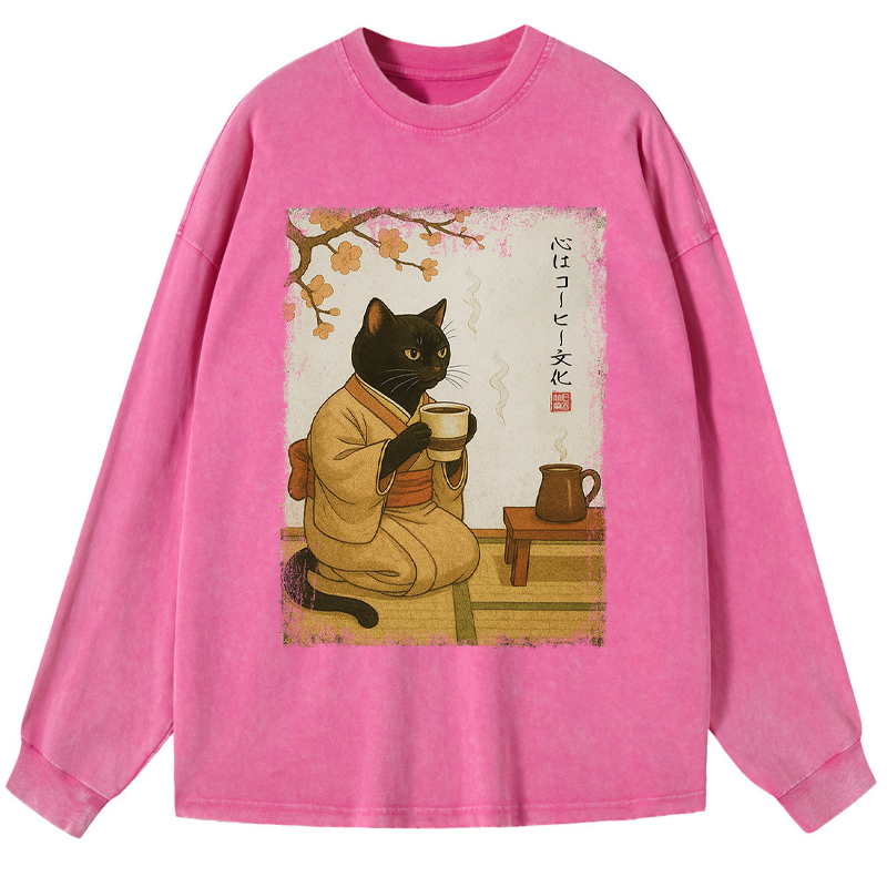 Tokyo-Tiger Cat Heart Full Of Coffee Washed Long Sleeve T-Shirt