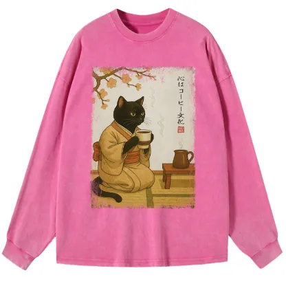 Tokyo-Tiger Cat Heart Full Of Coffee Washed Long Sleeve T-Shirt