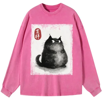 Tokyo-Tiger Auspicious Fluffy Black Cat Ink Painting Washed Long Sleeve T-Shirt