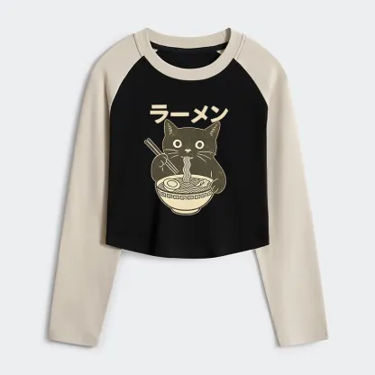 Tokyo-Tiger Simple Black Cat Eating Ramen Women's Crop Raglan T-Shirt