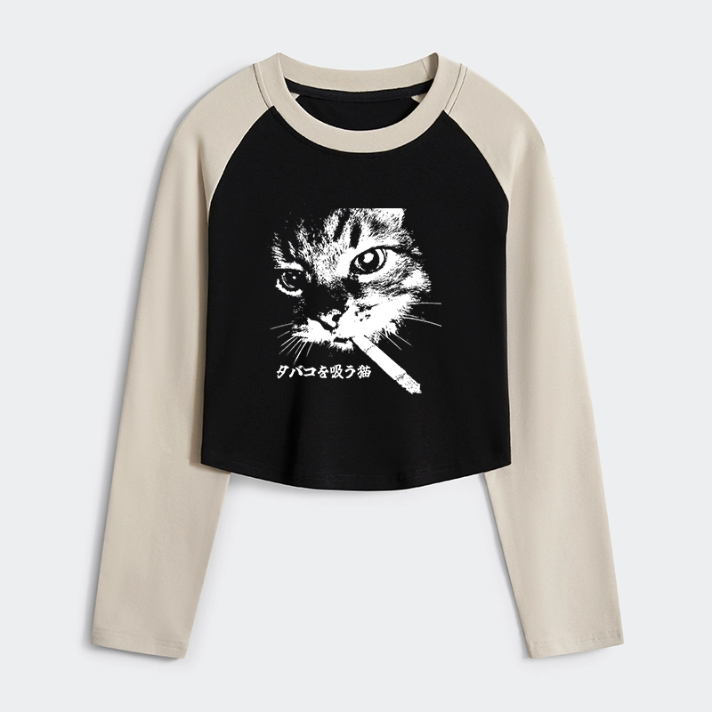 Tokyo-Tiger Retro Cat Smoking Women's Crop Raglan T-Shirt
