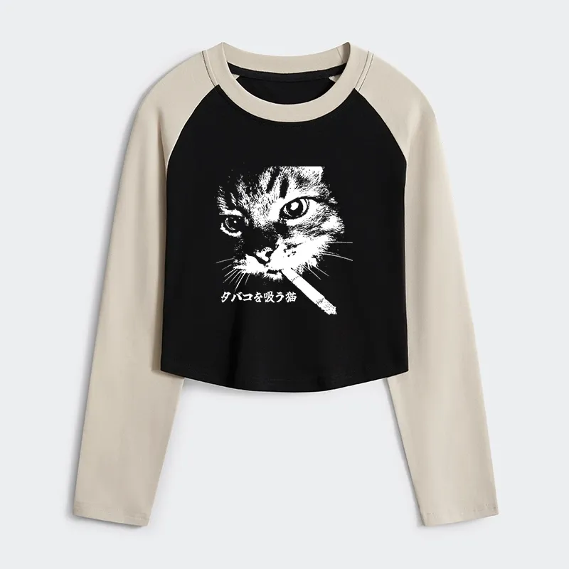 Tokyo-Tiger Retro Cat Smoking Women's Crop Raglan T-Shirt
