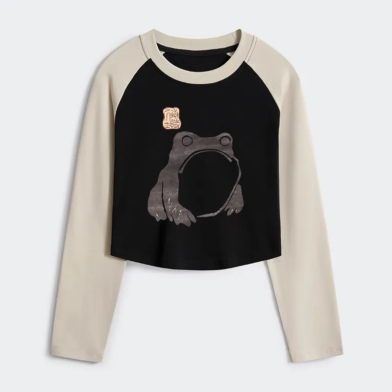 Tokyo-Tiger Matsumoto Hoji Woodblock Print Frog Women's Crop Raglan T-Shirt