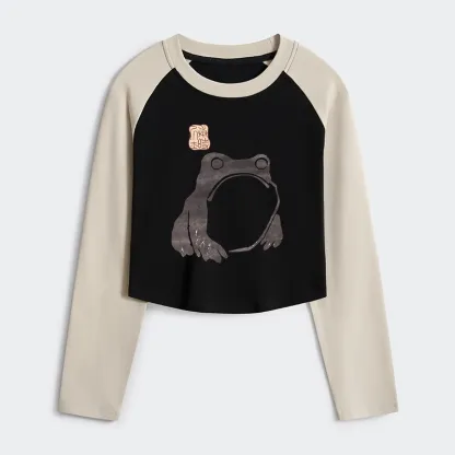 Tokyo-Tiger Matsumoto Hoji Woodblock Print Frog Women's Crop Raglan T-Shirt