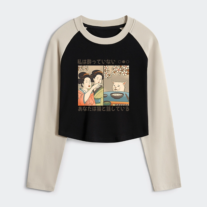 Tokyo-Tiger Japanese Woman Shouting at a Cat Women's Crop Raglan T-Shirt