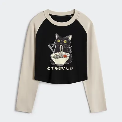 Tokyo-Tiger Cats Eat Ramen Women's Crop Raglan T-Shirt
