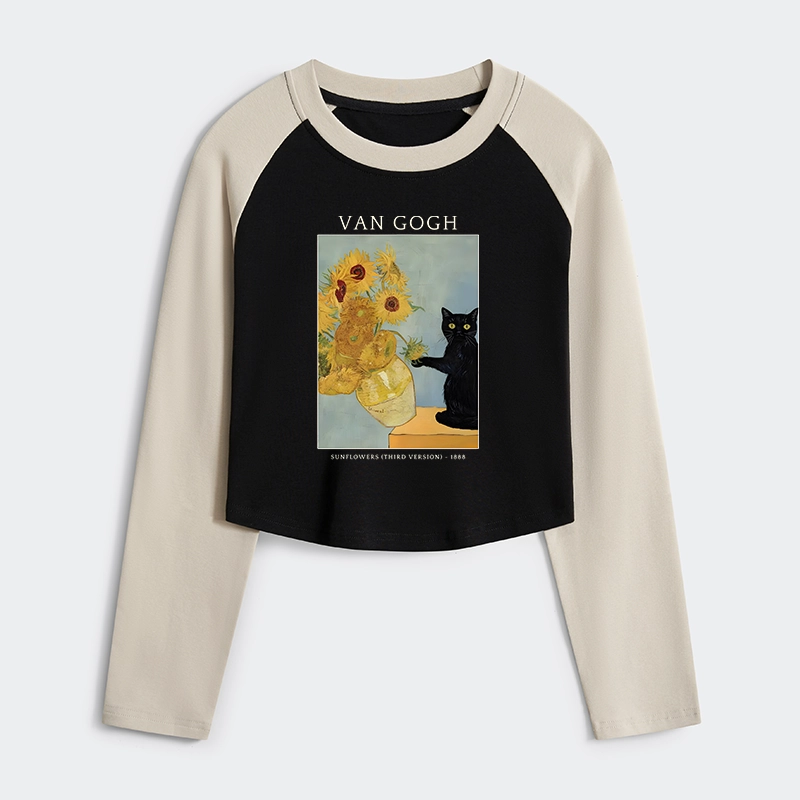 Tokyo-Tiger Black Cat With Sunflowers Women's Crop Raglan T-Shirt