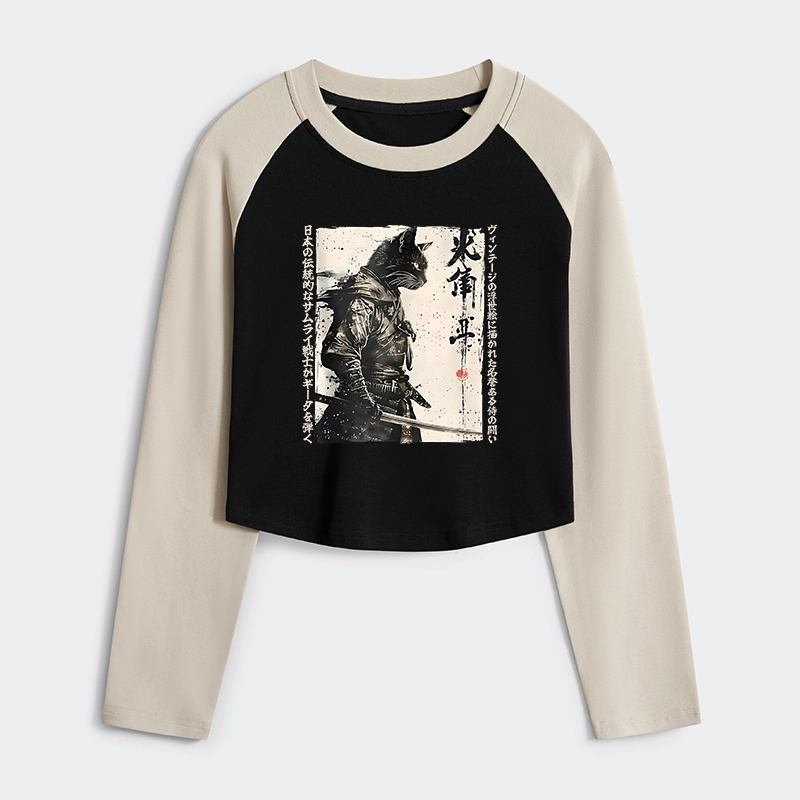 Tokyo-Tiger Cat Samurai Retro Women's Crop Raglan T-Shirt
