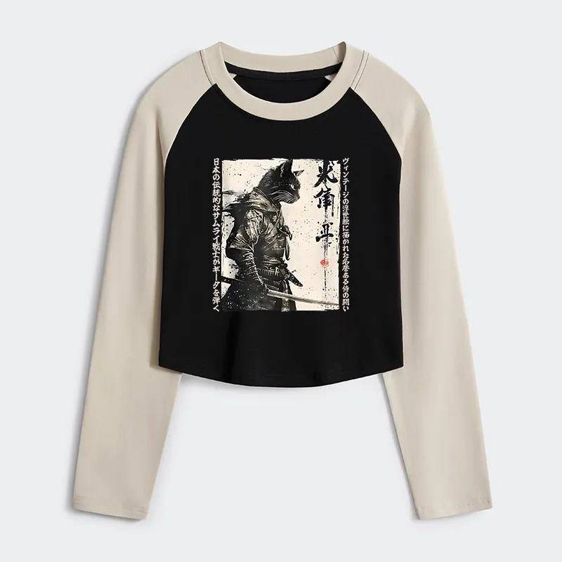 Tokyo-Tiger Cat Samurai Retro Women's Crop Raglan T-Shirt