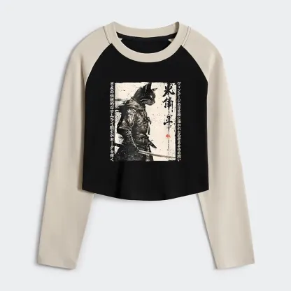 Tokyo-Tiger Cat Samurai Retro Women's Crop Raglan T-Shirt