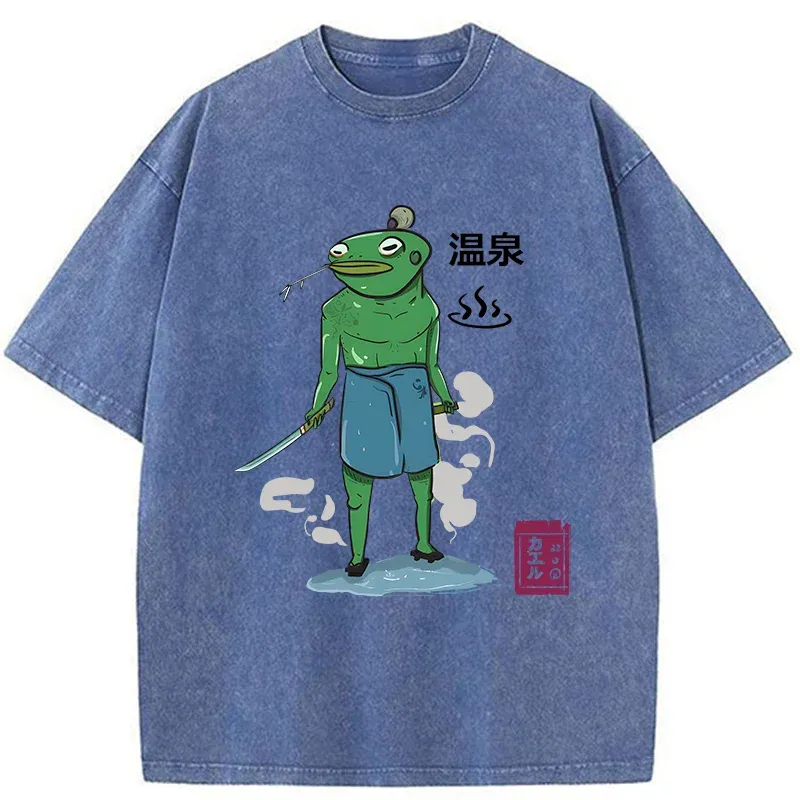Tokyo-Tiger Frog Samurai Bathing In Hot Spring Washed T-Shirt